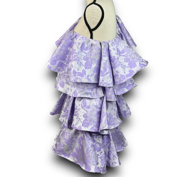 ASOS LUXE Ruffle One Shoulder Jacquard Mini Dress Purple Silver 6 Runs Small - Picture 4 of 9